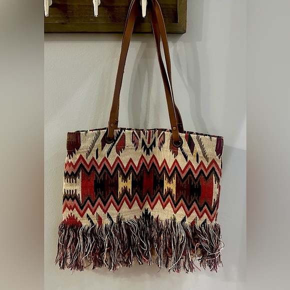Raj Handbags - Raj LA southwestern, boho, fringe tapestry purse, tote bag with leather